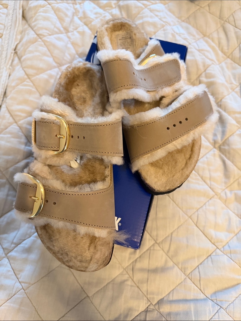 Birkenstock Beige Faux Shearling Double Buckle Slides